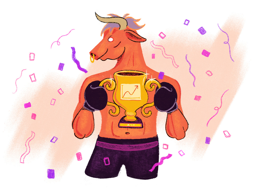 Minotaur boxer holding victory trophy