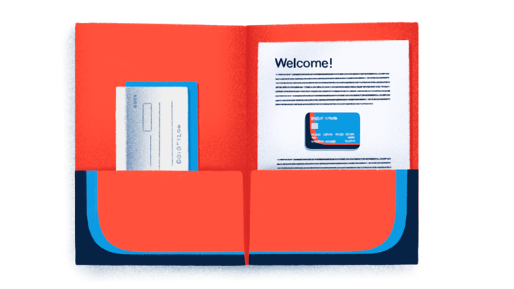 welcome folder with bank card and checks