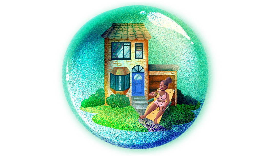 fantastical bubble with a person enjoying a drink on their lawn in it