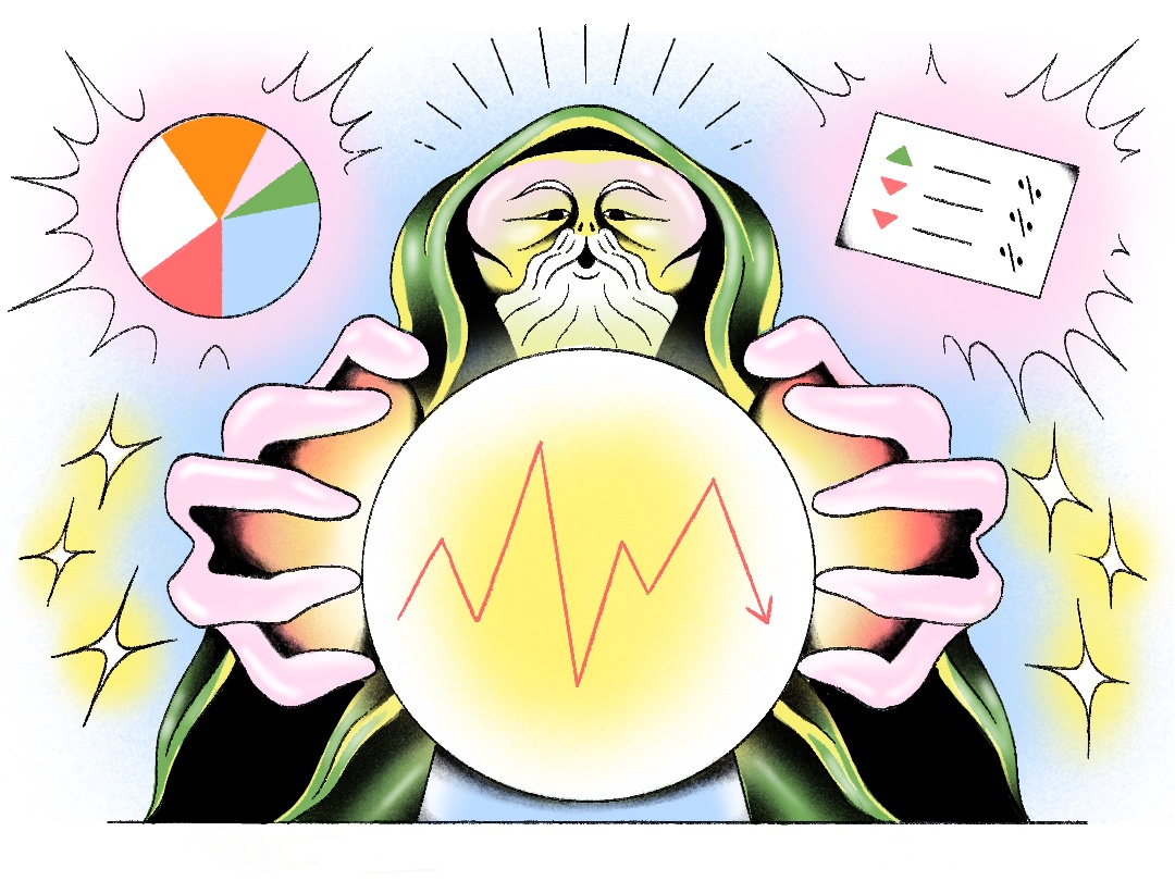 wizard looking into a crystal ball with financial figures appearing before him