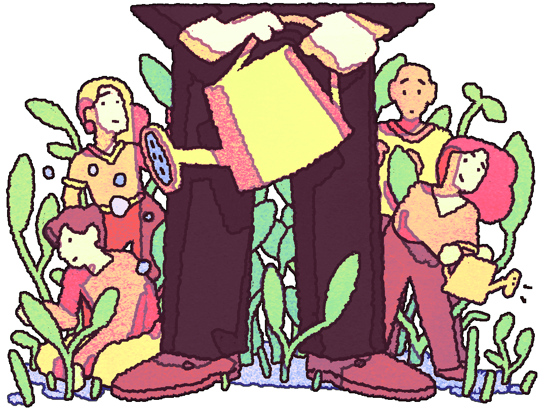 gardeners watering overgrown garden with a large gardener holding a watering can in front