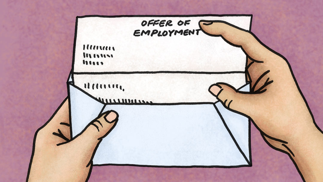 person opening a letter with an offer of employment