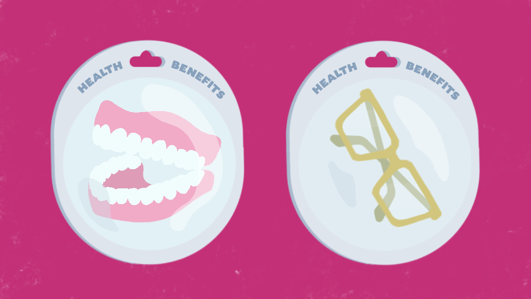 dentures and eyeglasses being sold as health benefits