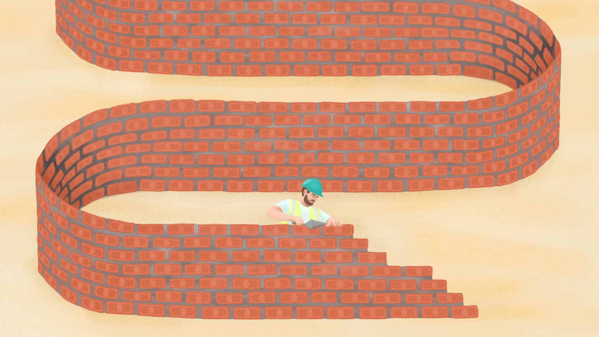 person building a long winding brick wall