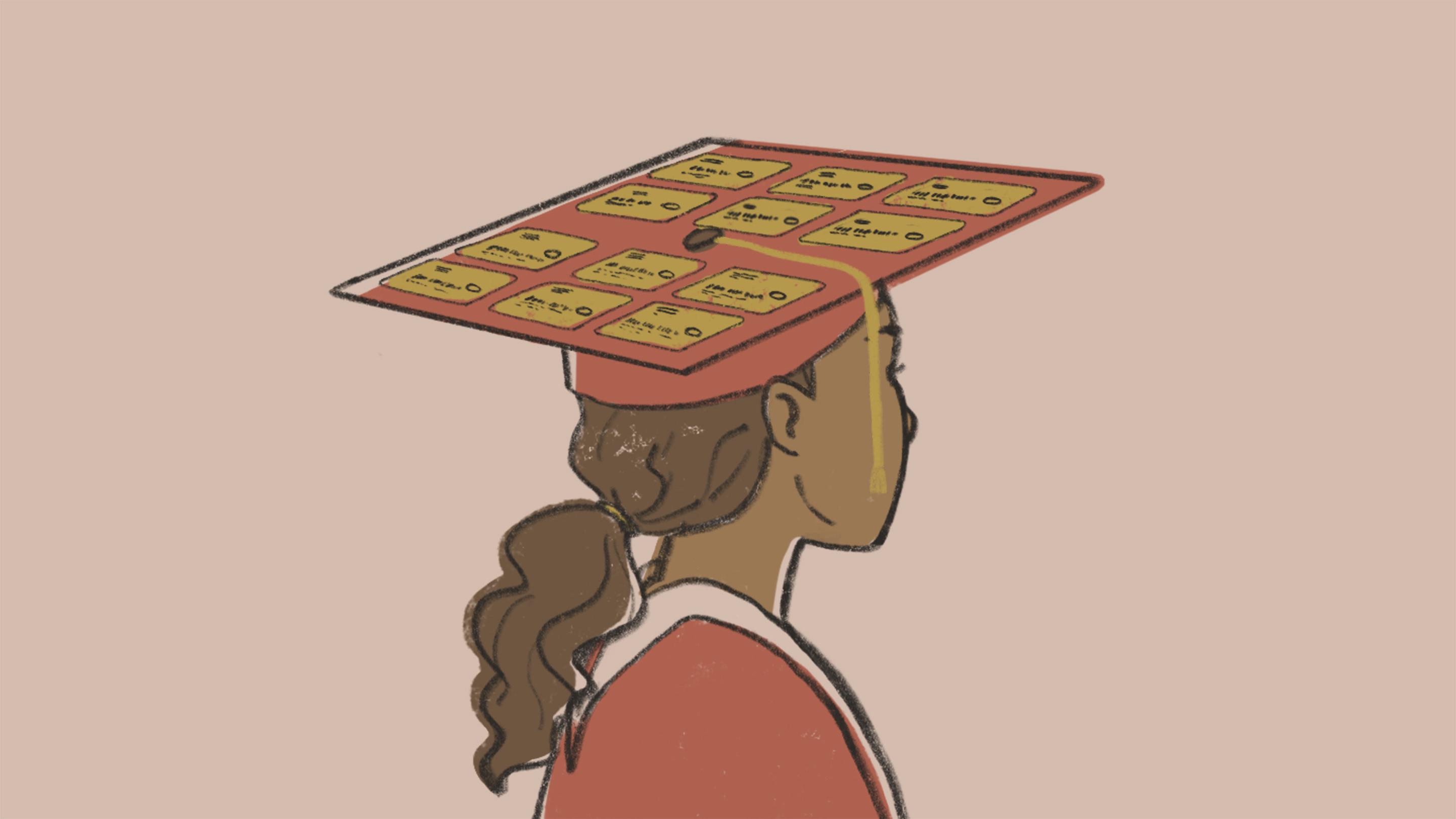 Person with graduation cap with various credit card images on it